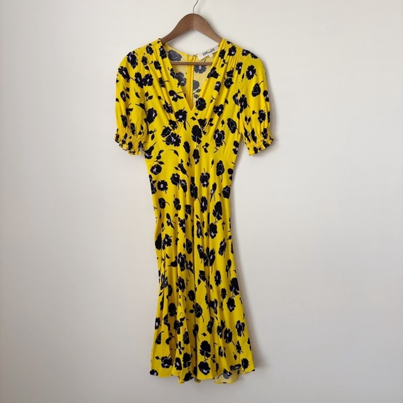 Diane Von Furstenberg Jemma Dress 0 Yellow Floral Print Shirred - Picture 1 of 8